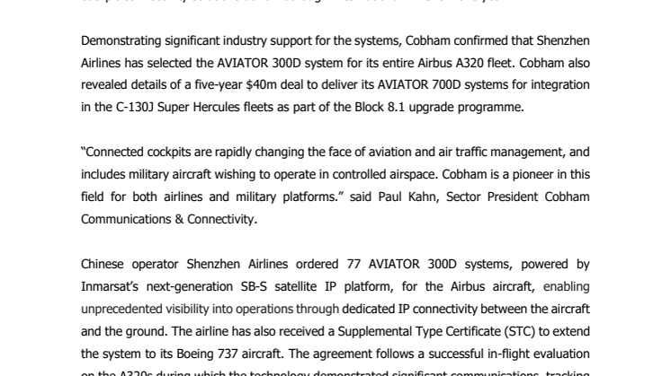 Cobham Announces Success for Connected Cockpit Solutions at Farnborough