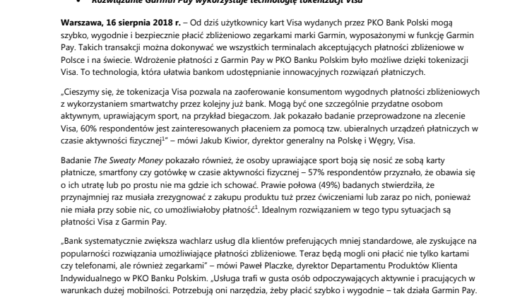 Użytkownicy kart Visa wydanych przez PKO Bank Polski mogą już płacić z Garmin Pay