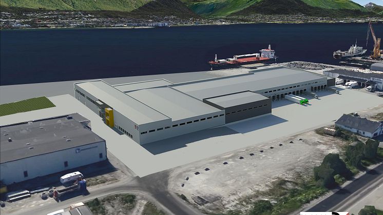 Plassering nær sjøen vil bli viktig for det nye logistikksenteret – blant annet på grunn av Brings mange skipsavganger til Svalbard. Tegningen er foreløpig, og endringer vil kunne komme i det endelige utkastet.