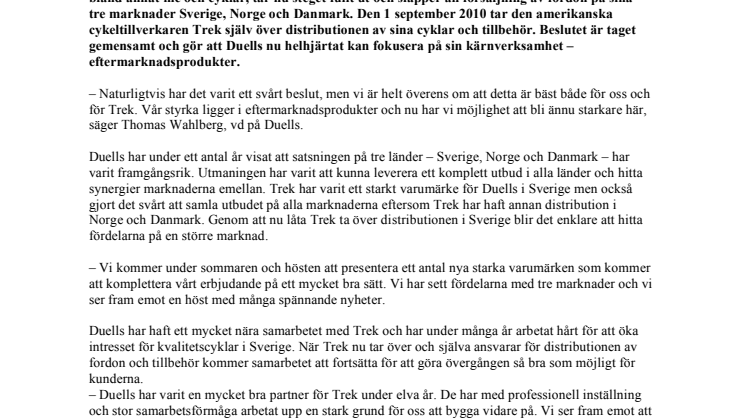 Trek tar över distributionen av cyklar och tillbehör i Sverige   – Duells satsar fullt ut på eftermarknaden i Sverige, Norge och Danmark 