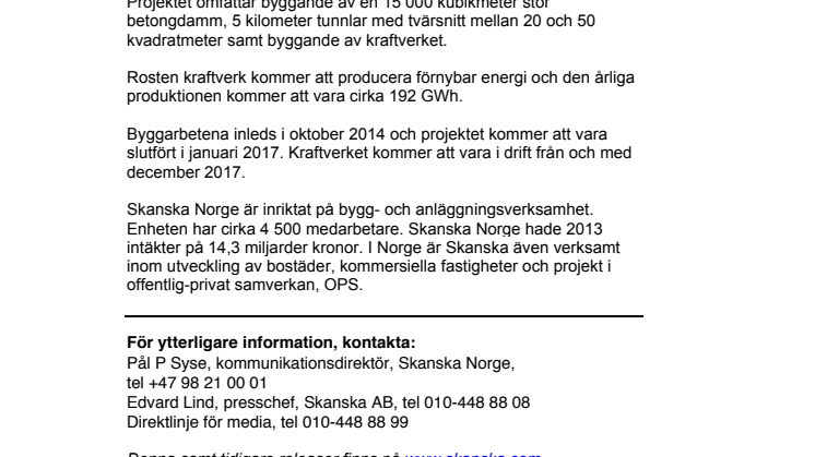 Skanska bygger kraftverk i Gudbrandsdalen, Norge, för cirka 445 miljoner kronor