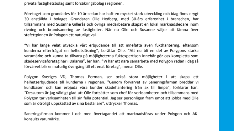 Polygon Sverige AB förvärvar Saneringsfirman Hedberg AB i Borlänge