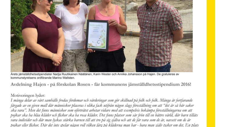 Avdelning Hajen får kommunens jämställdhetsstipendium 2016!