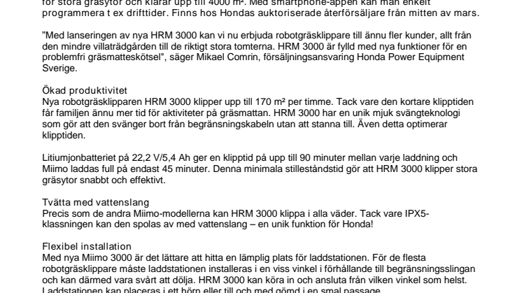 Hondas nya högeffektiva robotgräsklippare HRM 3000 kan tvättas med vattenslang