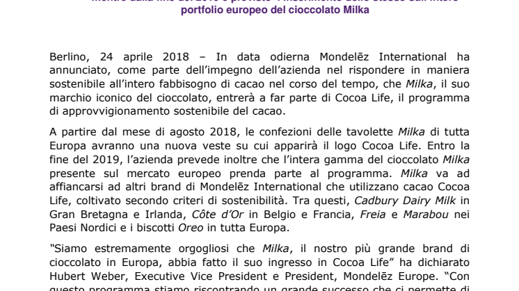 Il cioccolato Milka aderisce al Programma di approvvigionamento sostenibile Cocoa Life