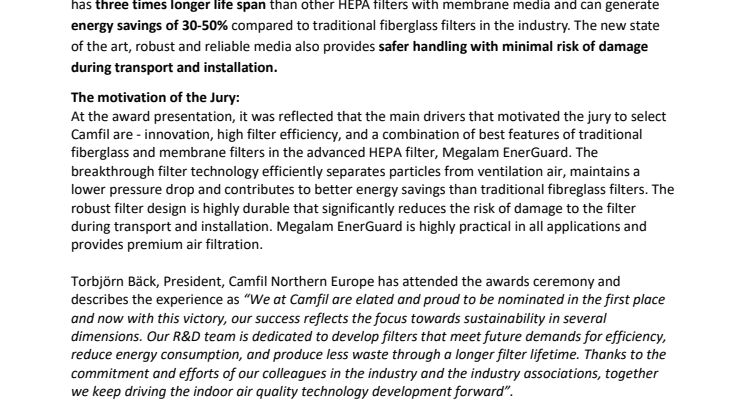 Camfil wins the Grand Indoor Climate Prize for its world-class HEPA filtration for cleanrooms