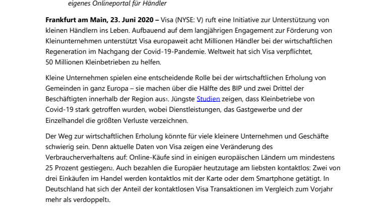 Visa unterstützt die wirtschaftliche Erholung von acht Millionen kleinen Händlern in Europa