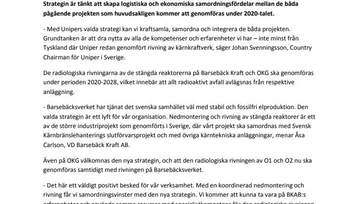 Uniper samordnar rivning av kärnreaktorer på Barsebäcksverket och OKG