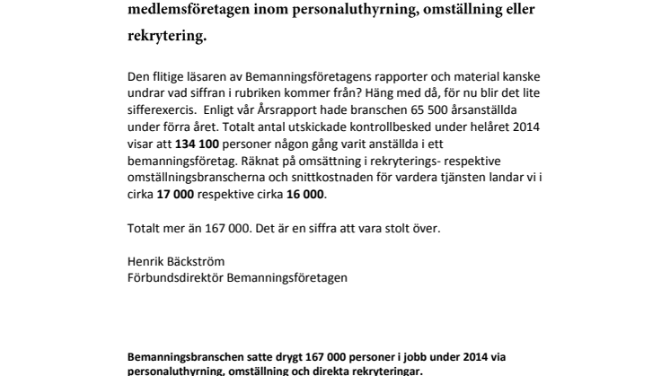 167 000 i jobb via bemanningsbranschen