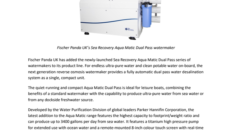 Fischer Panda UK Adds New Sea Recovery Aqua Matic Dual Pass System to its Range of Watermakers
