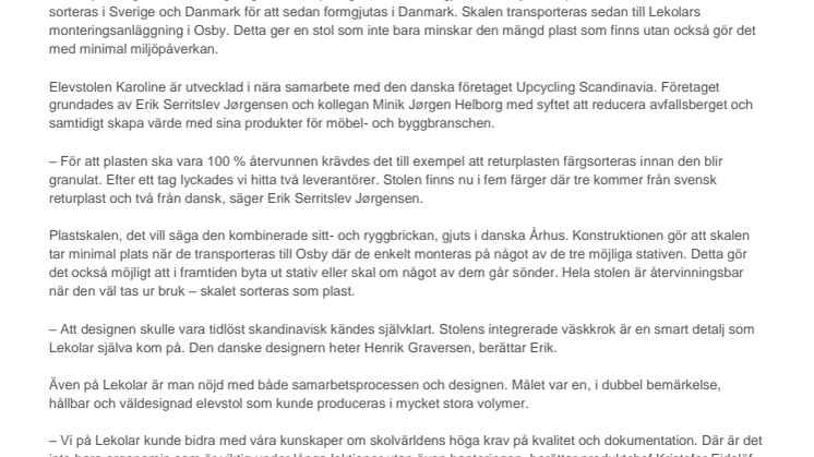Lekolar lanserar elevstol av 100 % återvunnen returplast