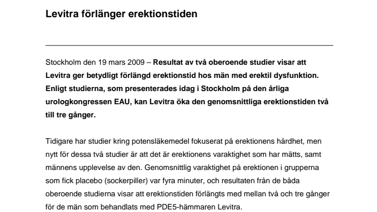 Levitra förlänger erektionstiden