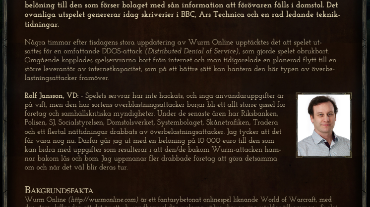 Svensk datorspels-VD erbjuder 10 000 euro i belöning för information som fäller förövare av överbelastningsattack