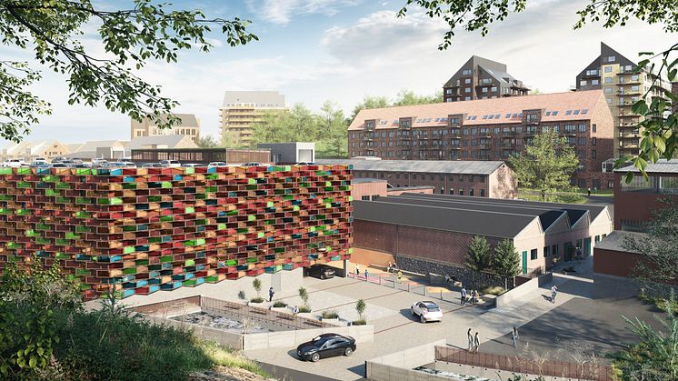 Wallenstam satsar på solceller i Mölnlycke Fabriker med 1 500 solcellsmoduler i fasaden som ger energi till belysning, laddstolpar men även bidrar med förnybar energi ut i elnätet. Visionsbild: Wallenstam.