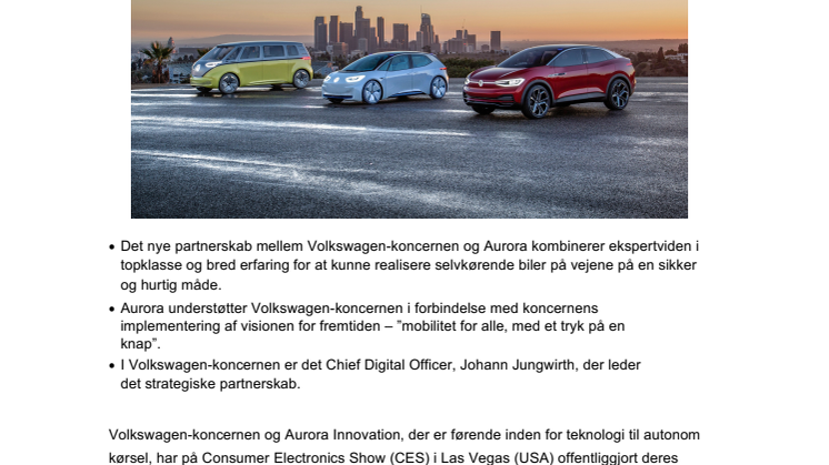 Volkswagen Group offentliggør strategisk partnerskab med Aurora, der er førende inden for teknologi til selvkørende biler