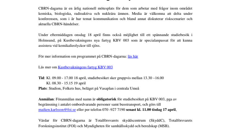 Pressinbjudan CBRN-dagarna i Umeå 18-19 april: Besök kustbevakningens nya båt!