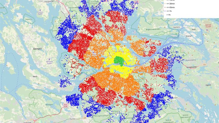 Hur långt hinner man cykla? Grön punkt visar på mindre än 5 minuter, gul punkt 15 minuter, orange punkt 30 minuter, röd punkt 45 minuter och blå punkt 1 timme. Bakgrundsbild: open street map.