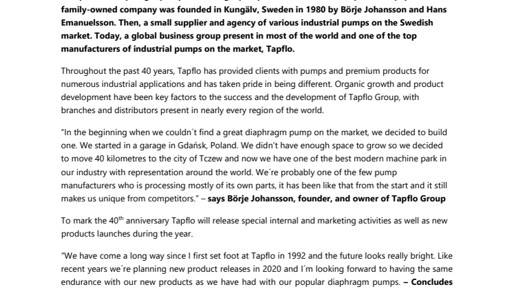 Tapflo - The journey began 40 years ago in Sweden