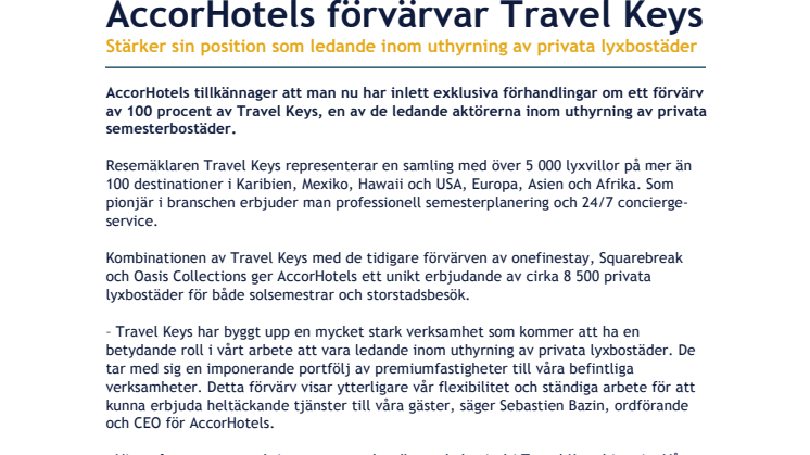 AccorHotels förvärvar Travel Keys - ​stärker sin position som ledande inom uthyrning av privata lyxbostäder