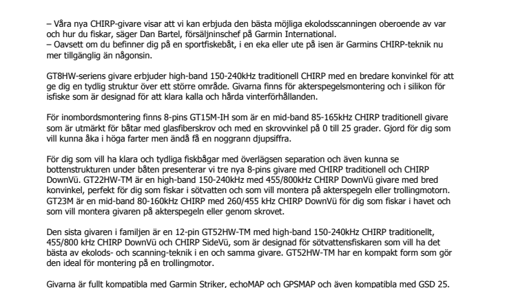 Garmin® presenterar 2016 års CHIRP-givare