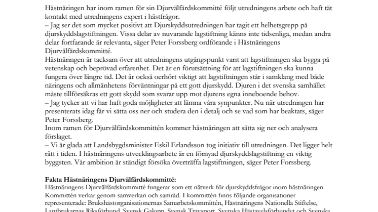 Djurskyddsutredningens förslag till ny djurskyddslag: Hästnäringen välkomnar ett stärkt djurskydd