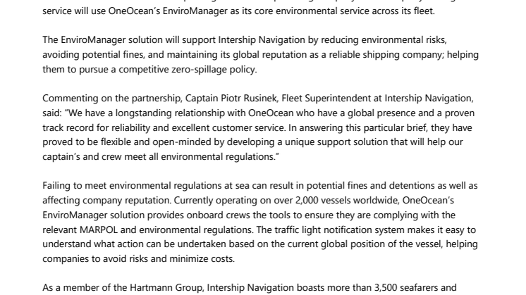 OneOcean’s EnviroManager chosen for Intership Navigation’s fleet