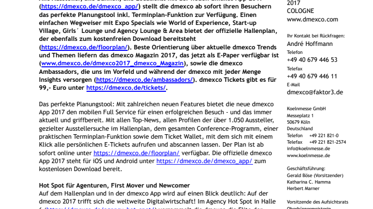 dmexco 2017 auf einen Blick: dmexco App und Hallenplan jetzt online