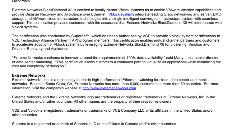 Extreme Networks BlackDiamond X8 Certified with VCE Vblock Systems