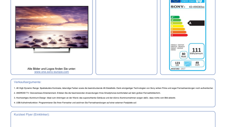 Datenblatt BRAVIA KD-49XD8305BAEP von Sony