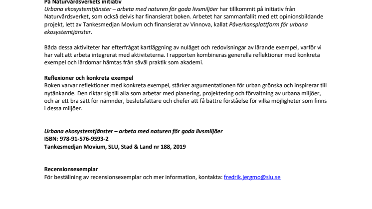 Ny bok: Urbana ekosystemtjänster – arbeta med naturen för goda livsmiljöer 