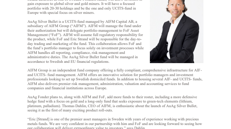 AIFM Group announces collaboration with AuAg Fonder’s Eric Strand and FoF Asset Management.