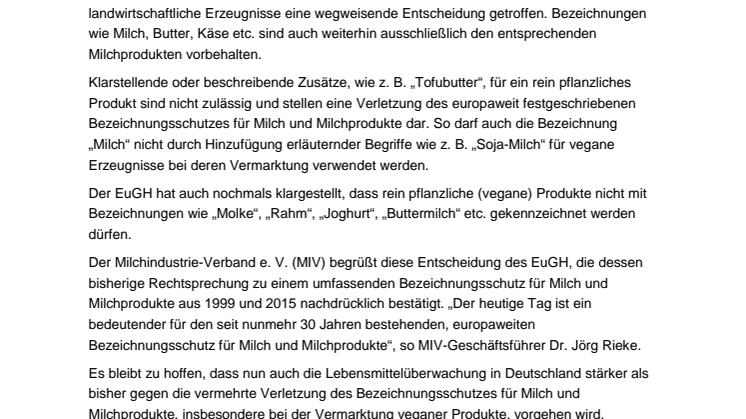 Europäischer Gerichtshof stärkt Bezeichnungsschutz für Milch