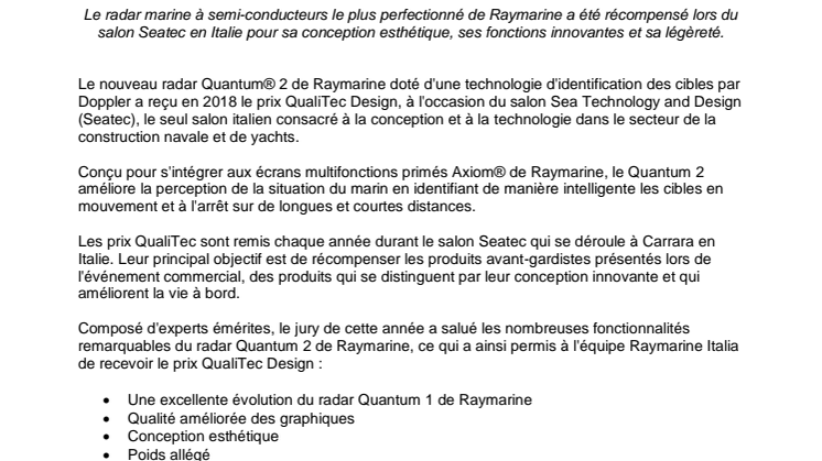 Raymarine: Quantum® 2 désigné lauréat du QualiTec Design Award de 2018 