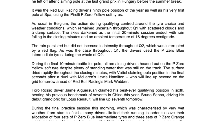 Vettel i pole position med sina Pirelli PZero inför Belgiens GP på Spa.