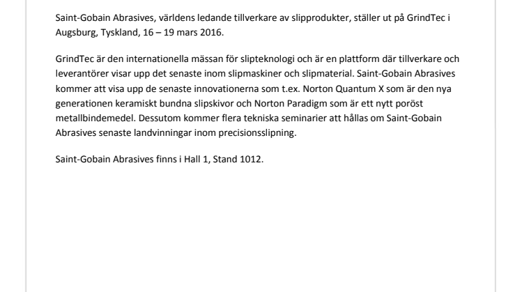 Saint-Gobain Abrasives ställer ut på GrindTec 2016