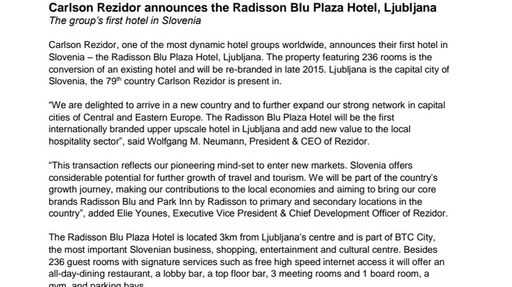 Carlson Rezidor announces the Radisson Blu Plaza Hotel, Ljubljana 