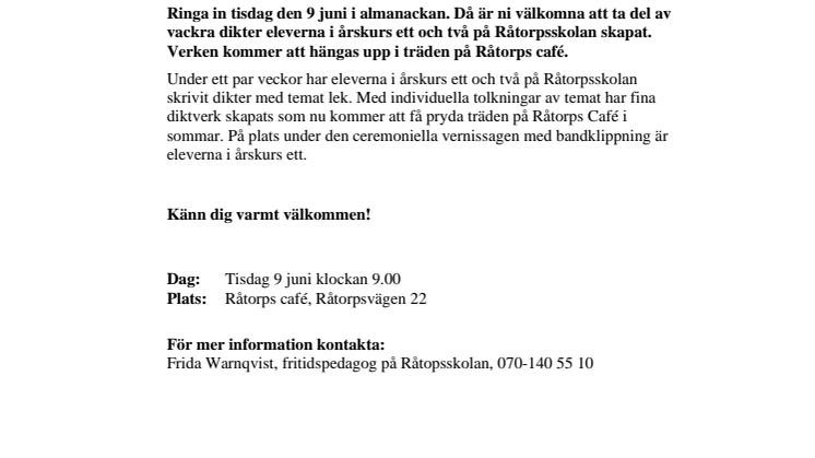 Pressinbjudan: Kreativa elever bjuder in till vernissage på Råtorps café