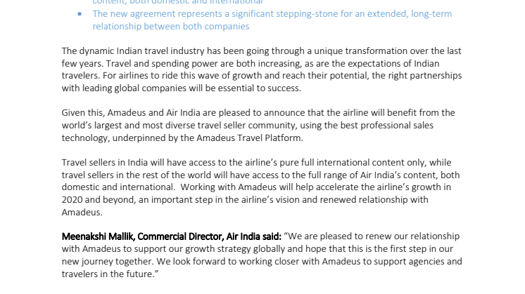 Amadeus og Air India underskriver ny distributionsaftale