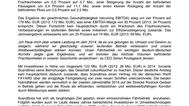 Scandlines verbessert 2014 Rentabilität und Wettbewerbsfähigkeit 