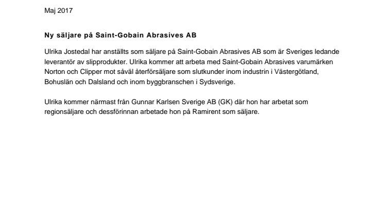 Ny säljare på Saint-Gobain Abrasives AB