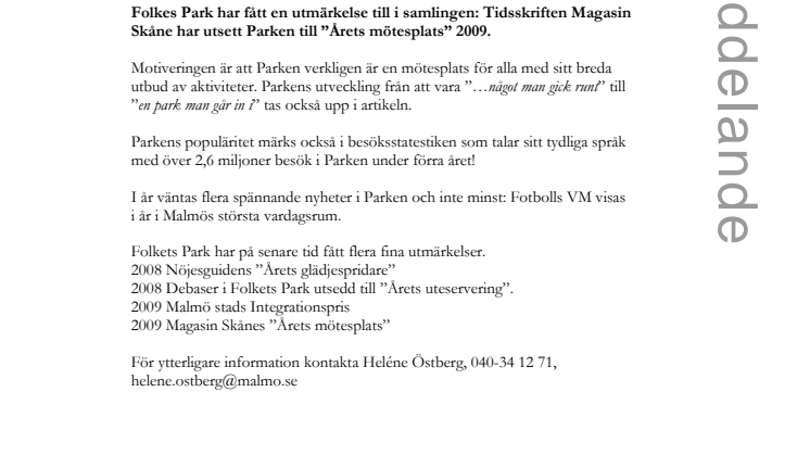 Malmö Folkets Park utsedd till Årets mötesplats