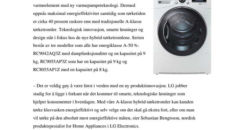 IFA 2012: 40 PROSENT RASKERE TØRKETID NÅR LG LANSERER VERDENS FØRSTE HYBRID-TØRKETROMMEL