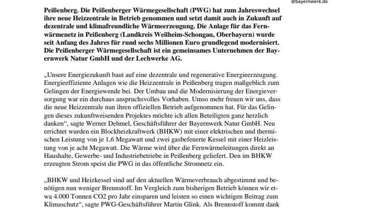Klimafreundliche Wärmeversorgung: Bayernwerk Natur setzt mit neuer Heizzentrale in Peißenberg auf Energieeffizienz