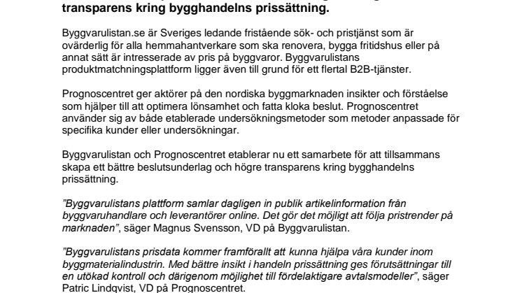 Prisstatistik från Byggvarulistan skapar bättre beslutsunderlag för  Byggmaterialindustrin 