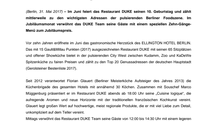 Berliner Genussadresse „Restaurant DUKE“ feiert 10 Jahre