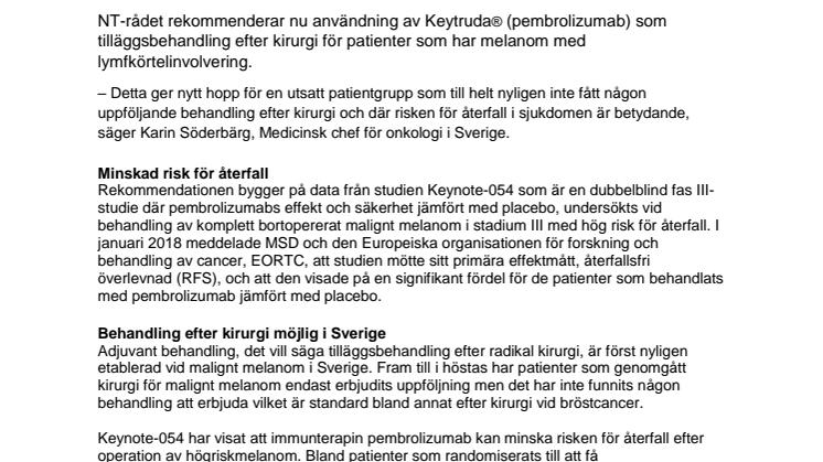 NT-rådet rekommenderar Keytruda® för adjuvant melanom