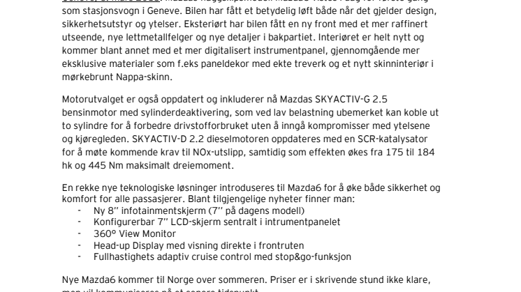 Nye Mazda6 stasjonsvogn avduket i Genevè