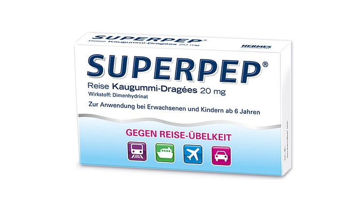 960 x 564 Packungsabbildung Superpep Reisekaugummi-Dragees 20 mg