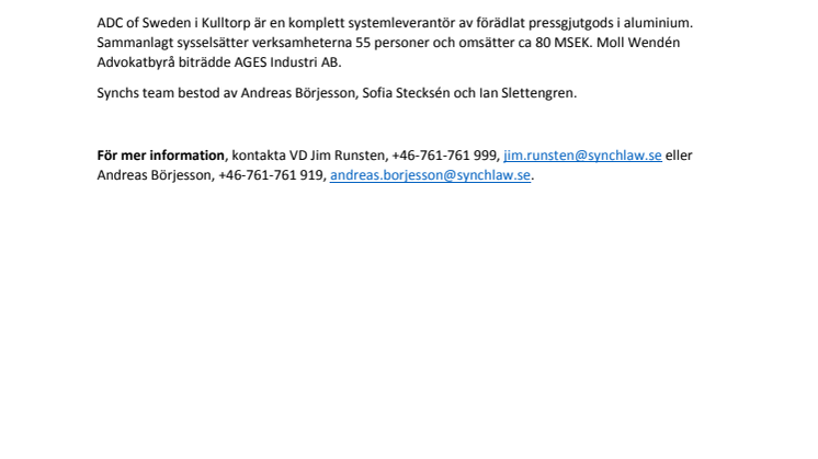 Synch biträder när Denovo Invest AB säljer Solna Pressgjuteri AB och ADC of Sweden AB