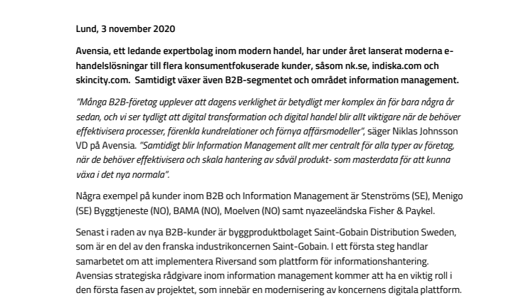 Avensia accelererar tillväxten inom B2B och Information management
